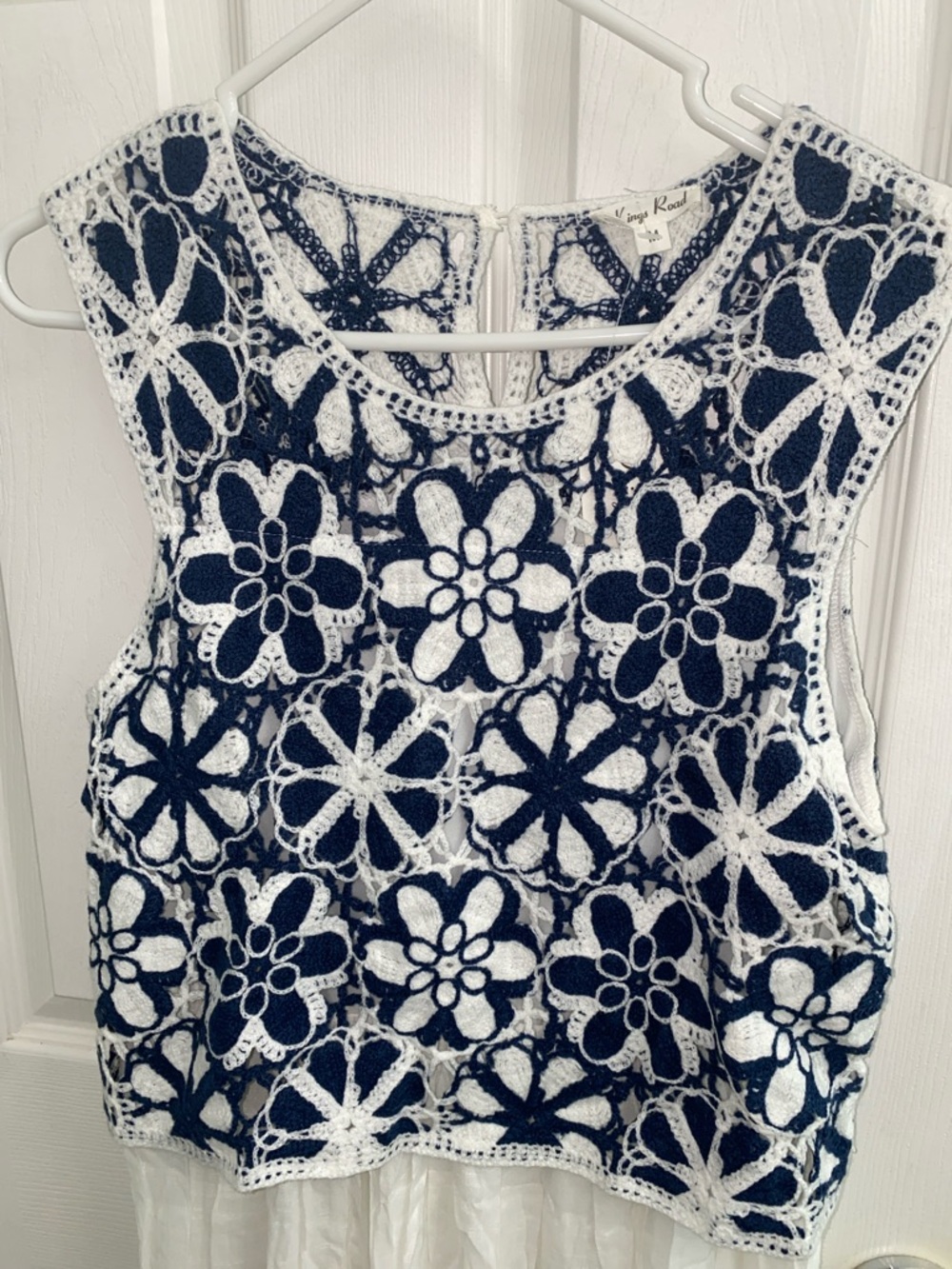 White Maxi Dress with Navy Floral Crochet Bodice - Picture 4 of 7